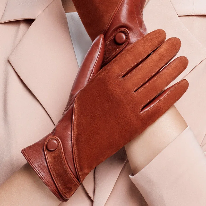 

NEW Sheepskin Suede Woman's Real Leather Fashion Plus Velvet Gloves Female Driving Leather Gloves Keep Warm NW563