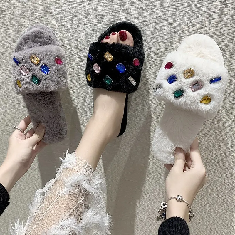 

Women Slippers Indoor Shoes crystals Winter Soft Home Slippers Plush Warm Non-slip Fur Shoes Flat Casual femmes sandales