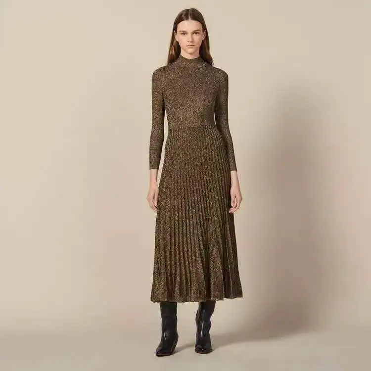 

Women's Knitted Midi Dress Pleated Elastic Waist Long Sleeve Turtleneck Knit Slim Autumn and Winter Elegant Lady Long Dresses