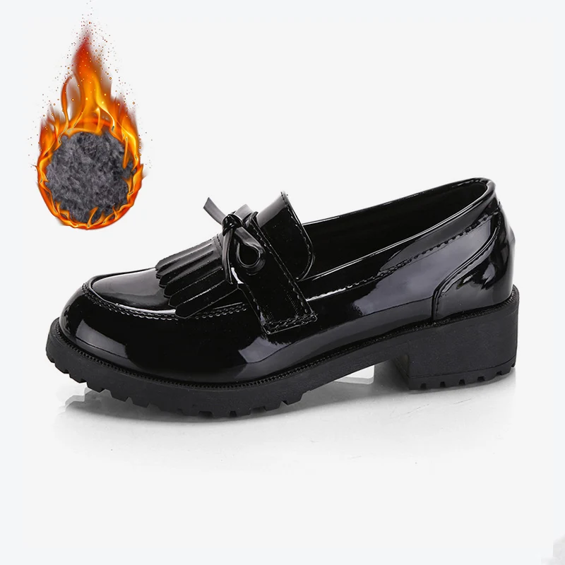 black with cotton Женские весенние туфли в стиле Дерби на плоской подошве с бантом и кисточками; женские туфли-оксфорды из лакированной кожи на платформе без шнуровки; Женская Удобная модная обувь - Цвет: black with cotton