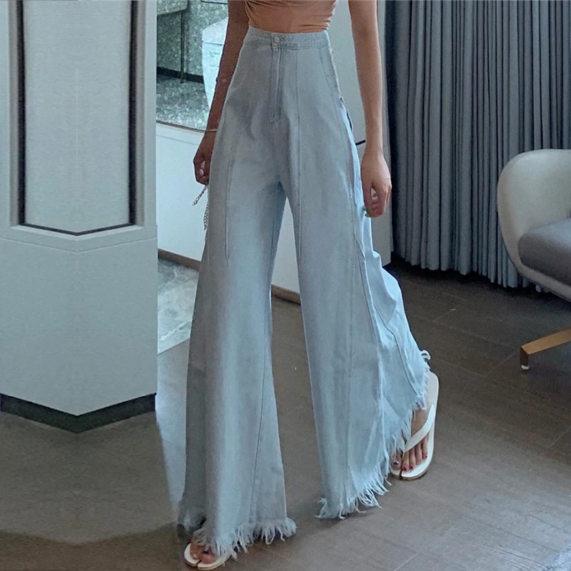 

Autumn Light Blue Jeans Women Ripped Long Vintage Wide Leg Denim Pants High Waist Fashion Streetwear Loose Lady Trouser 2019
