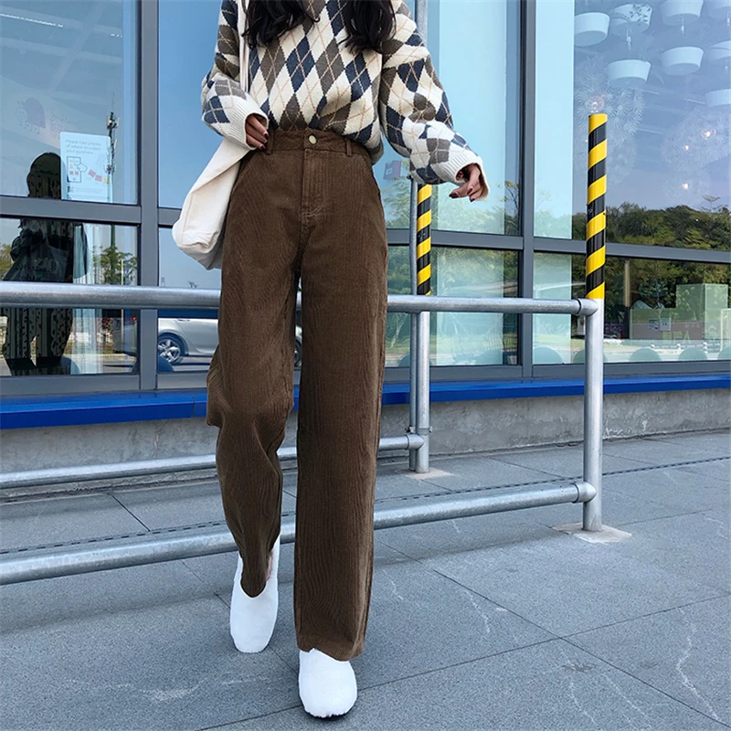 BGTEEVER Vintage High Waist Straight Pants Women Casual Winter Corduroy Pants Female Wide Leg Trousers Women pantalon femme