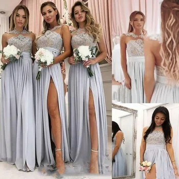 

Silver Lace Appliqued Bridesmaid Dresses Cheap Long Formal Party Dress CHIFFON High Split Wedding Guest Maid of Honor Gowns