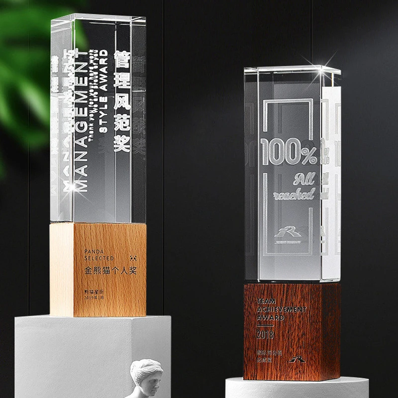 

Customize 3D Laser Engraving Personalized Crystal Trophy Solid Wood Lettering Annual Awards Champions League Trophy Prize Cup