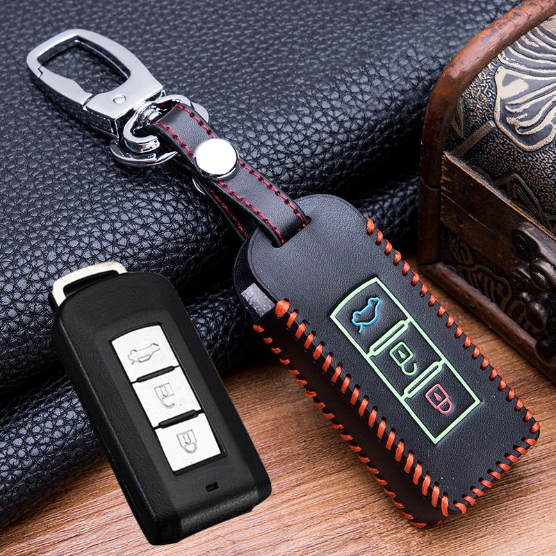 

3 Button Luminous Top Layer Leather Controller Keychain Cover Key Ring Chain Car-styling Car Remote Fob Key Case Accessorise