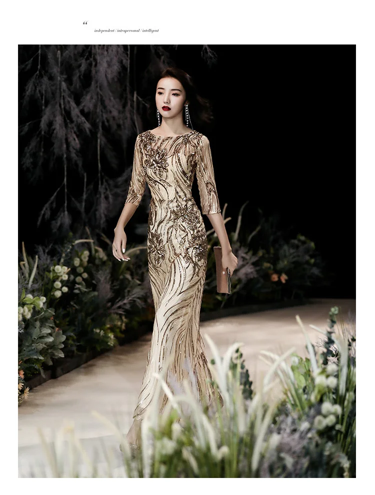 gold evening gowns wei yin AE0350 Half Sleeve Mermaid Lace Gold Champagne 2020 Evening Dress Sexy O Neck Evening Gowns Robe de Soiree Longue formal gowns for women