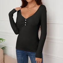

Women Long Sleeve Slim Fit T Shirt Casual Solid Color Button V-Neck Chest Ruched Base Tops Spring Autumn Female Clothing 2021