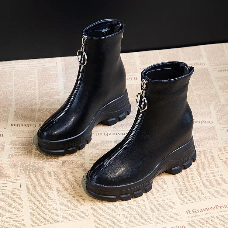 

Boots Flat Platform Round Toe Booties Ladies Women's Genuine Leather Shoes Lace Up Plush Boots-women Zipper Winter Footwear