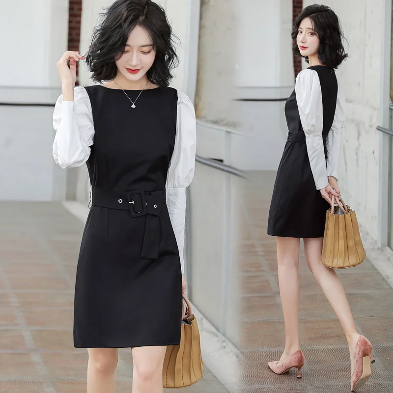 

2020 Spring Korean-style Simple Elegant Commuting Mock Two-Piece Women's Trend Slim Fit Slimming Mid-length Splicing Dress