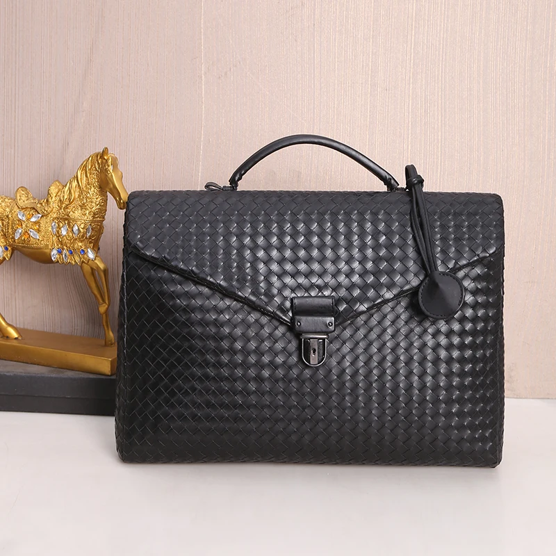 

Leather braided men's bag handbag business men's horizontal briefcase waxed cowhide flip computer bag