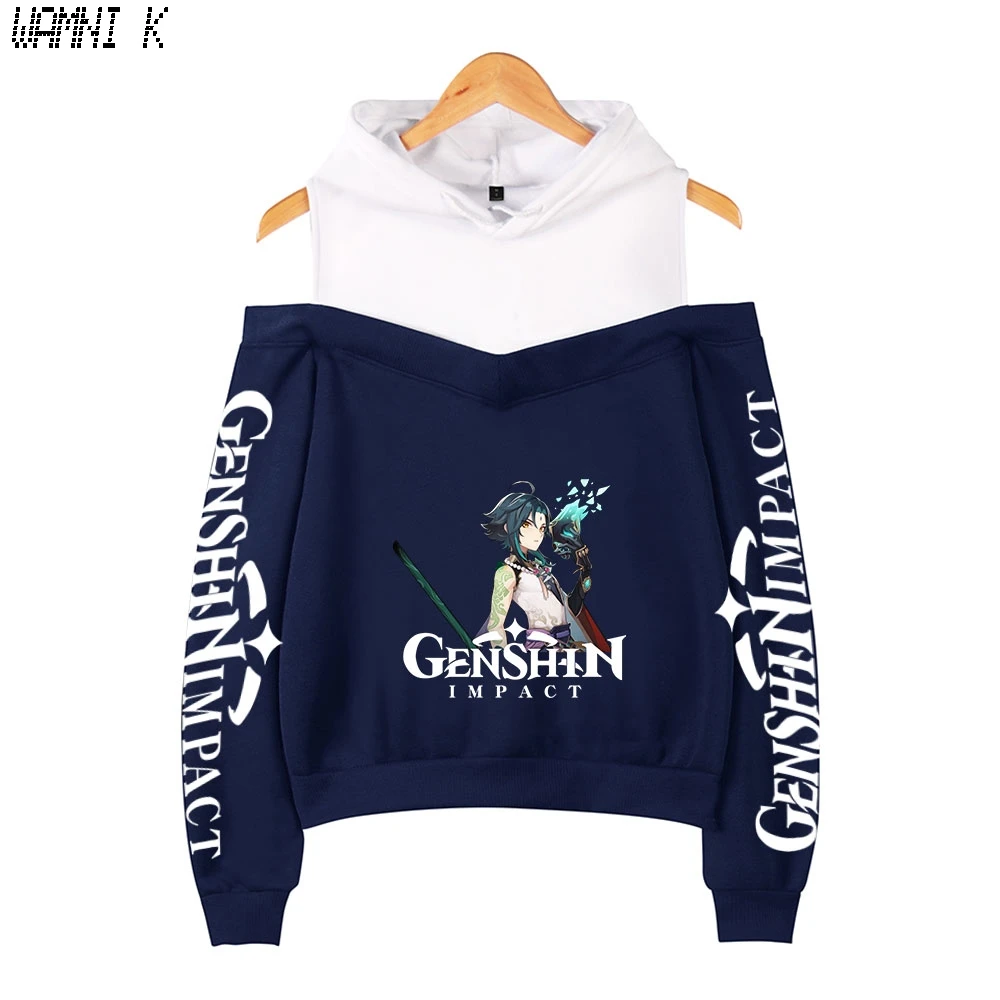 

Genshin Impact Crop Shoulder hoodies womens Sweatshirts Pullover Off-shoulder Harajuku girl's hooded fashion Tracksuit Oversized