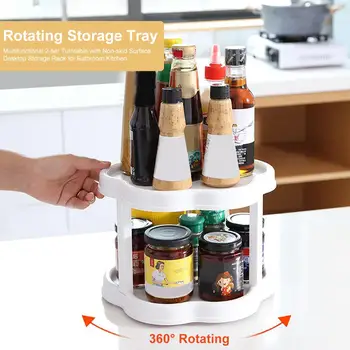 

360 Degree Rotating 2 Tier Spices Fruit Tray Turning Table Rotatable Desktop Storage Home Kitchen Storage Rack Stand 40a