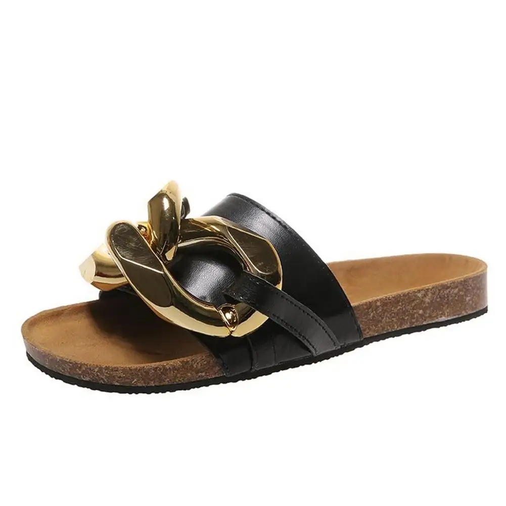 lady round head Slippers summer open-toe Flat shoes PU vamp metal buckle Relief decor flip flop woman sandals beach Slippers