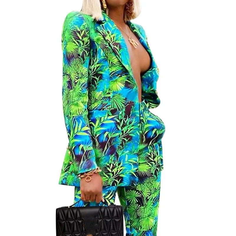 Single Breasted Green Print Long Sleeve Blazer Jacket + Pant Female Two Piece Set Blazer Suit Women Fashion Spring Autumn Suit