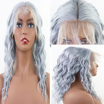 

BM 13*6 Large Lace Synthetic Lace Front Wig Blue Mix Grey Water Wave Heat Resistant Fiber Hair With Baby Hair For Women Wigs