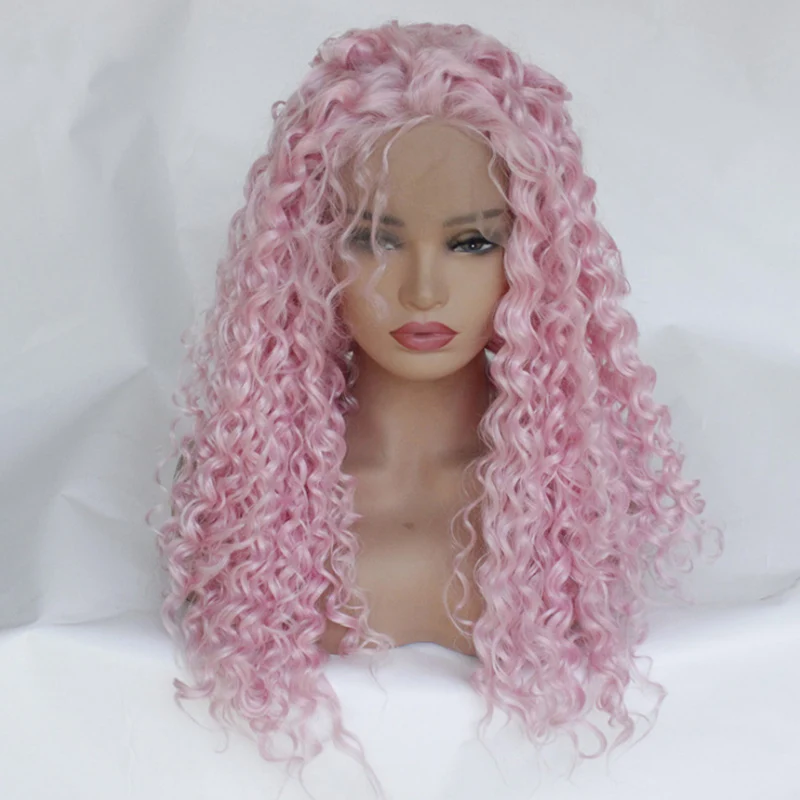 Synthetic Lace Front Wigs Long Kinky Curly for Black Women Heat Resistant Glueless Pink Color Wig | Шиньоны и парики
