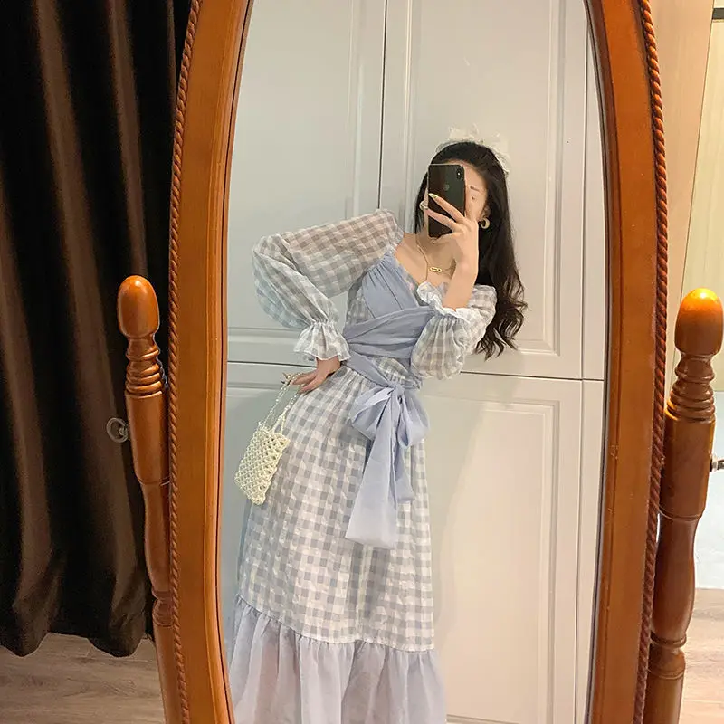 Spring And Autumn French Retro Bubble Long-Sleeved Tie Ruffled Plaid DressMid-Length Princess Dress Blue Sweet Temperament Dress sweater dress