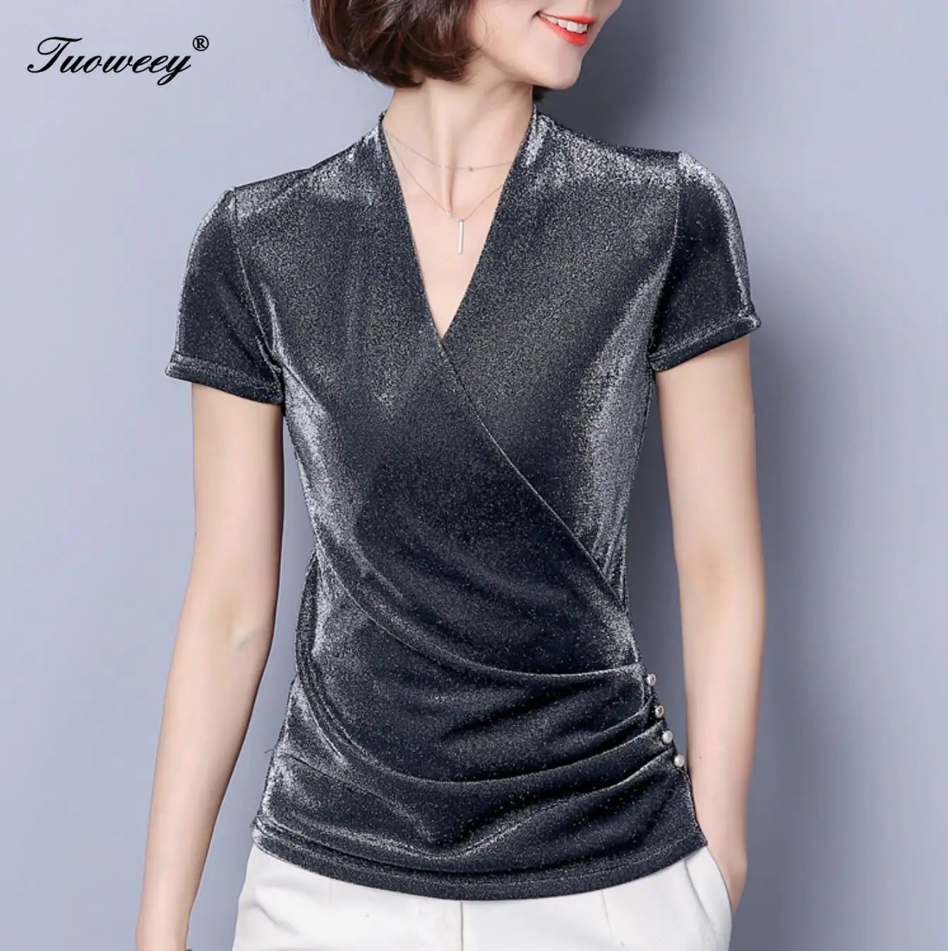 Women blouse and tops 2019 black shirts blouses plus size women ladies tops Sequined chiffon blouse Solid V-Neck