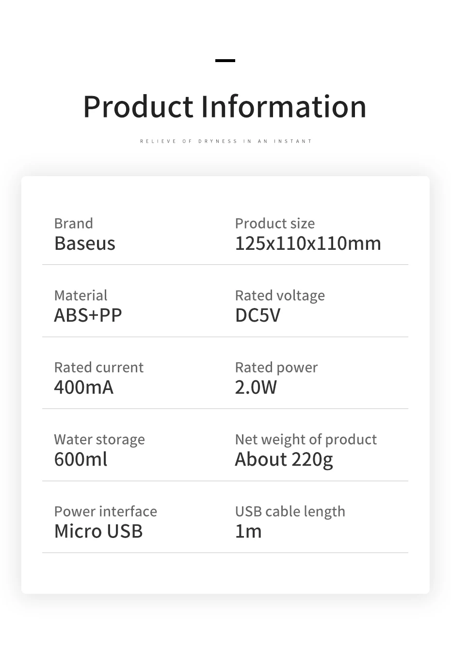 Baseus увлажнитель умный арома-диффузор для дома и офиса Портативный USB увлажнитель воздуха с лампой ароматерапия тумана