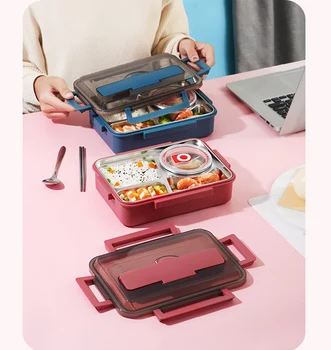 

Lunch Box 4 Grid 304 Stainless Steel Food Containers Bento Box 1600ml With Soup Bowl For Kids Workers Office