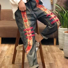 Осенняя ткань с вышивкой на пуговицах Национальный Ветер Восстановление талии ковбой коллапс Высота брюки женские длинные брюки девушка