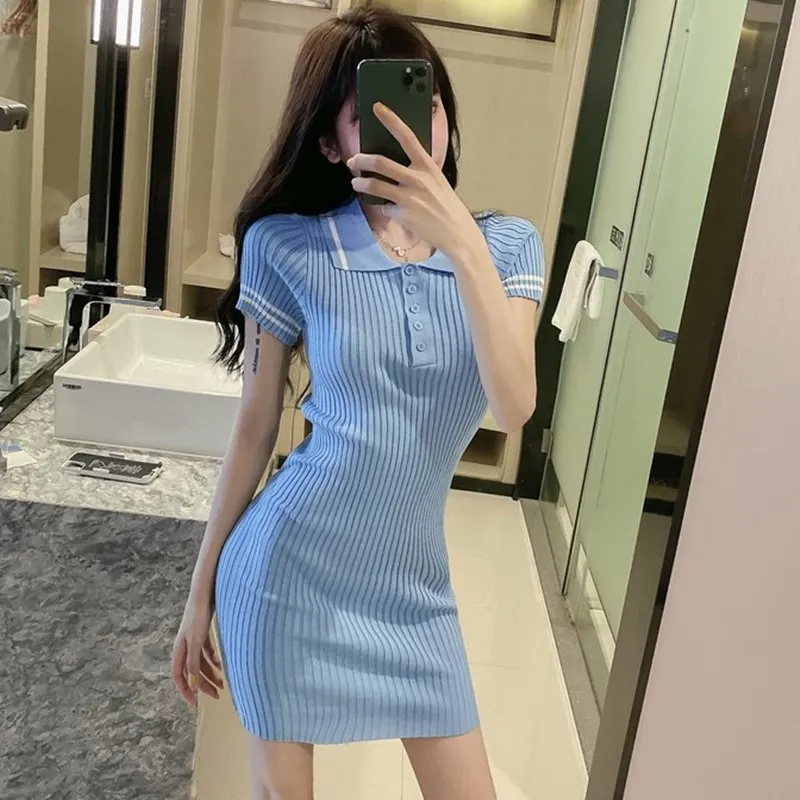 

Summer lapel knit dress women's short-sleeved slim-fit hip dress sexy temperament tight-fitting mini dress