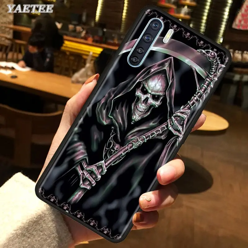 Черный силиконовый чехол Grim reaper skull skeleton для Oppo A5 A9 A31 A52 A72 A92s F15 Reno 3 Pro Find x2 Ace2 мягкий