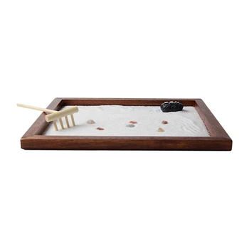 

Mini Garden Tray W/Rake W/Figures Wooden Meditating Sandbox