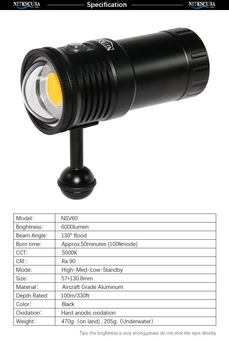 Nitescuba NSV60 Дайвинг видео светильник 6000 люмен высокий CRI = 90