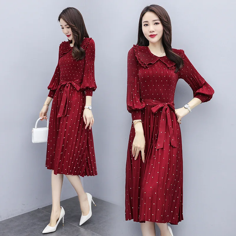 

2020 Spring New Style Peter Pan Collar Pleat Dress Polka Dot Waist Hugging Mid-length Hot Selling Hot Selling Sweet Elegant Wome