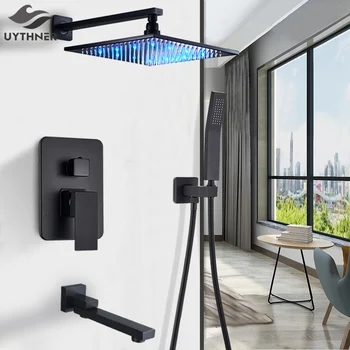 

Matte Black Bathroom Showe Faucet Rainfall Shower Head LED Bath Water Faucet Wall Mounted Bathtub Shower Mixer Tap Shower Set