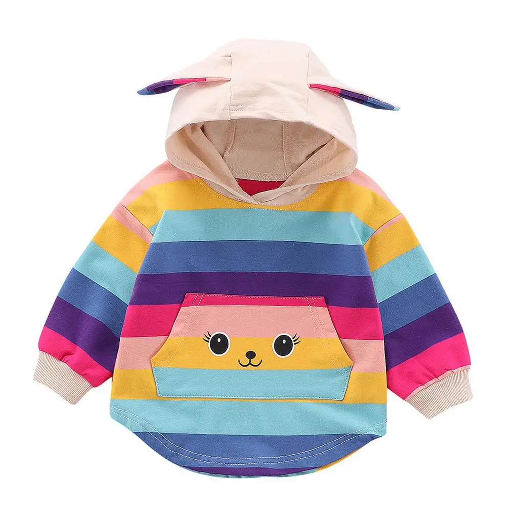 

Newborn Infant Baby Girls Long Sleeve Ranibow 3D Rabbite Ear Print Hooded Pullover
