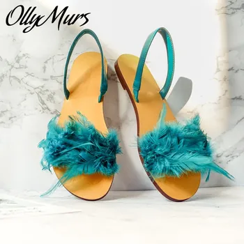 

OllyMurs New Spring Summer Gladiator Beach Vacation Sandals Open Toe Feather Sling Back Sandals Shoes Women