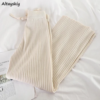 

Pants Women Wide Leg Elastic Waist Pleated Knitted Solid Simple Casual Ankle-Length Korean Fashion Trendy Daily All-match Womens