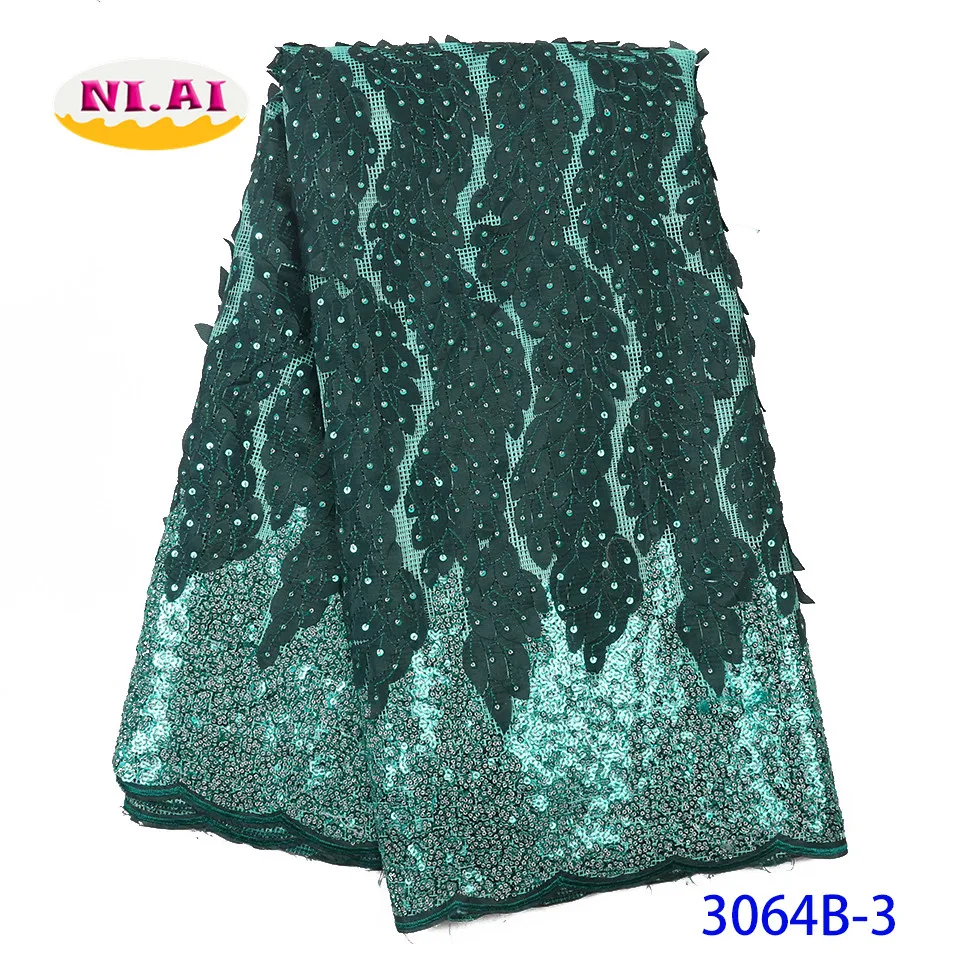 Cheap New Embroidered Fabric French Tulle Sequins African Lace Fabric For Party Dress Green clothes For Women NA3064B-2
