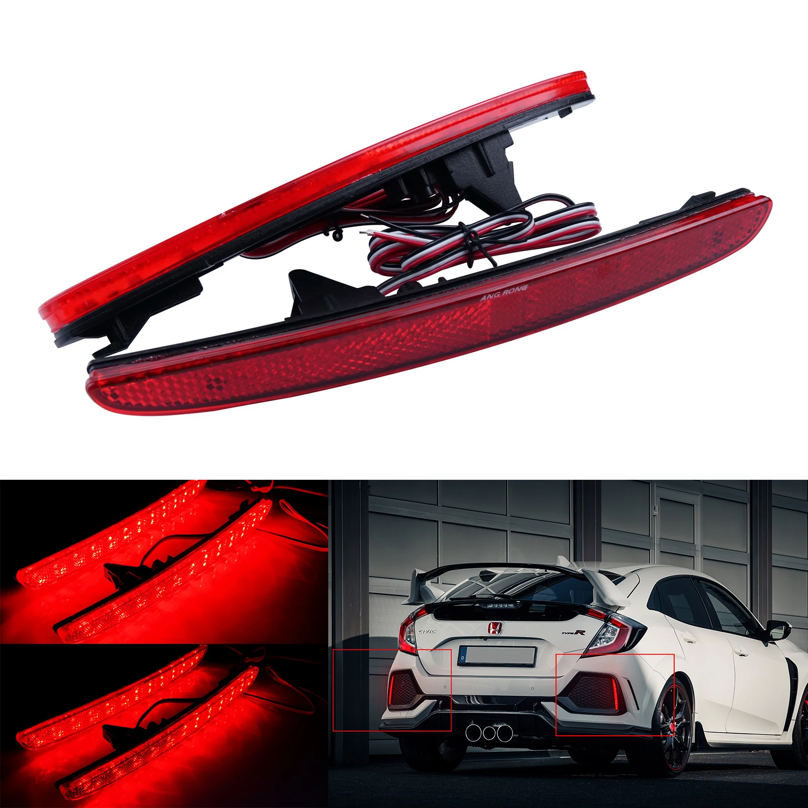 Светодиодный отражатель заднего бампера ANGRONG красный объектив для Honda Civic X FK Type R
