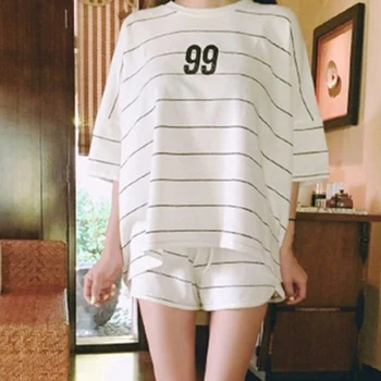 

Women Summer Loose Simple Stripes Print Short-sleeved Tops+ Drawstring Short Two-Piece Suit