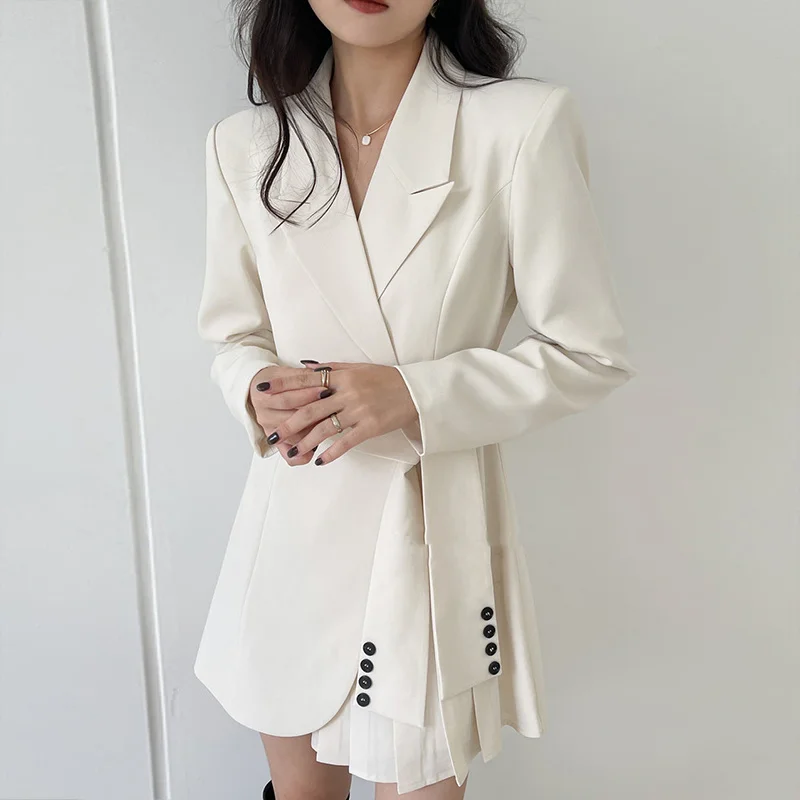

Korea 2021 Autumn New Medium Long Bandage Waist Closing Thin White Notched Long Sleeve Pleated Suit Dress Female Fashion N020
