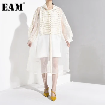 

[EAM] Women Organza Split Perspective Long Trench New Hooded Long Sleeve Loose Fit Windbreaker Fashion Spring Autumn 2020 JW7620