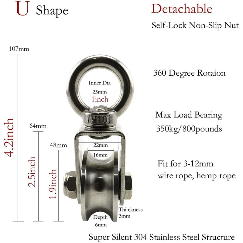 U Type Swivel Pulley 304 Stainless Steel Duplex Bearing Silent Detachable 360 Degree Rotation Heavy Duty Traction Wheel