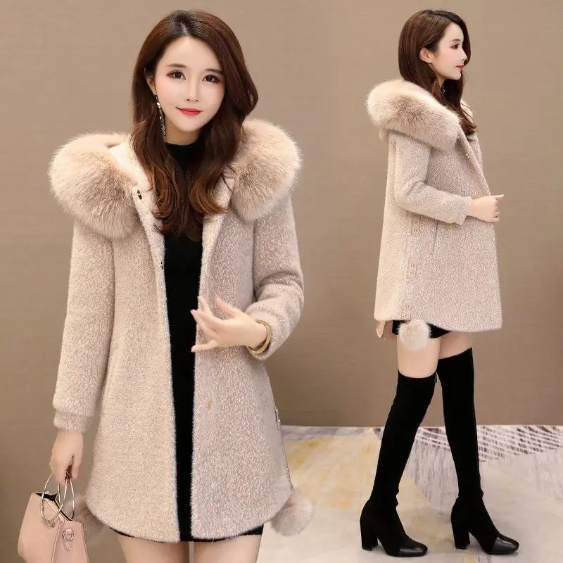 

Hooded gold mink down jacket women 2019 winter new Korean thick big fur collar imitation mink down woolen coat