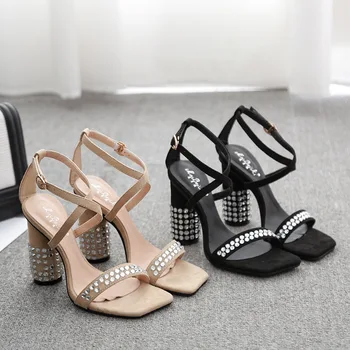 

High Heel Sandal For Women Velvet Shoes Buckle Strap 2020 Summer Beige Heeled Sandals Women's Heels Espadrilles Platform Woman