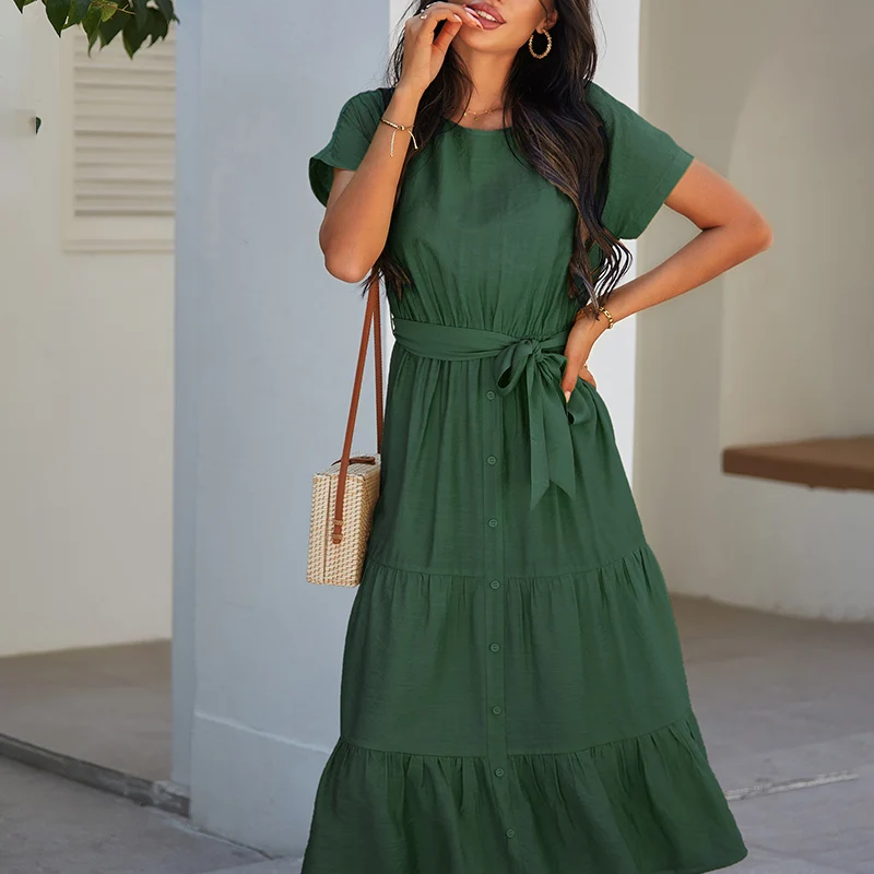 ATUENDO Largo de seda verde sólido para mujer, moda de verano, Vintage, informal, bohemio, Túnica cintura alta suave