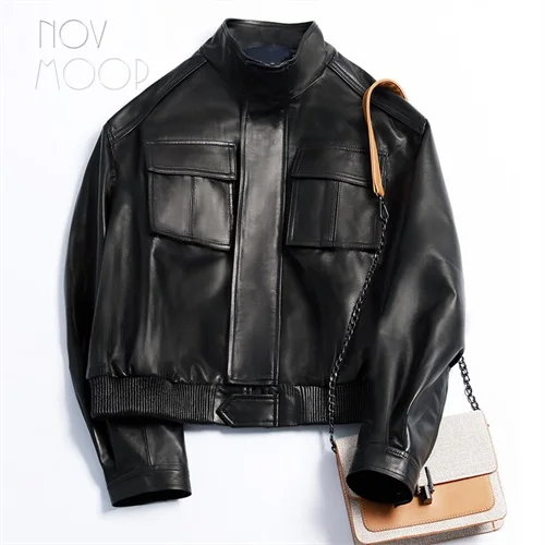 Novmoop Высокая уличная Новая модная шикарная Повседневная стильная куртка из натуральной овчины женская куртка veste femme LT2822 - Цвет: Black