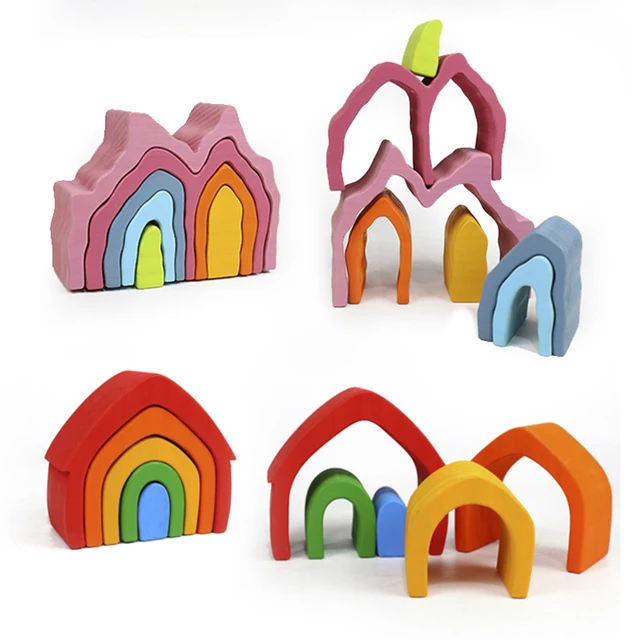 DIY assembled building blocks Montessori wooden rainbow blocks toy wood stacked balance game children's educational toys gifts 4