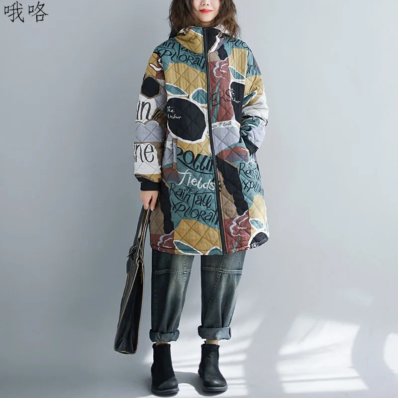 

Plus Size Boho Women Coat 2020 Winter Fashion Elegant Graffiti Print Cotton Jacket Coat Korean Version Hooded Ladies Coat 5XL