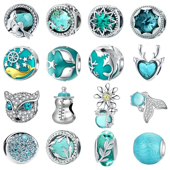 

Ocean Blue Mermaid Charms Real 925 Sterling Silver Goldfish Shark Dolphin Beads Bracelets For Elegant Women's Jewelry Diy Making