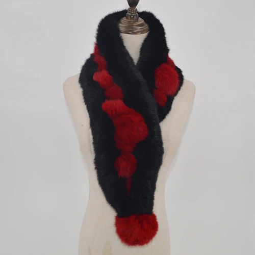 black and red Горячая Распродажа, зимний шарф из натурального кроличьего меха, женский шарф из натурального кроличьего меха, шарф с 2 шариками из натурального кроличьего меха, шейный платок - Цвет: black and red