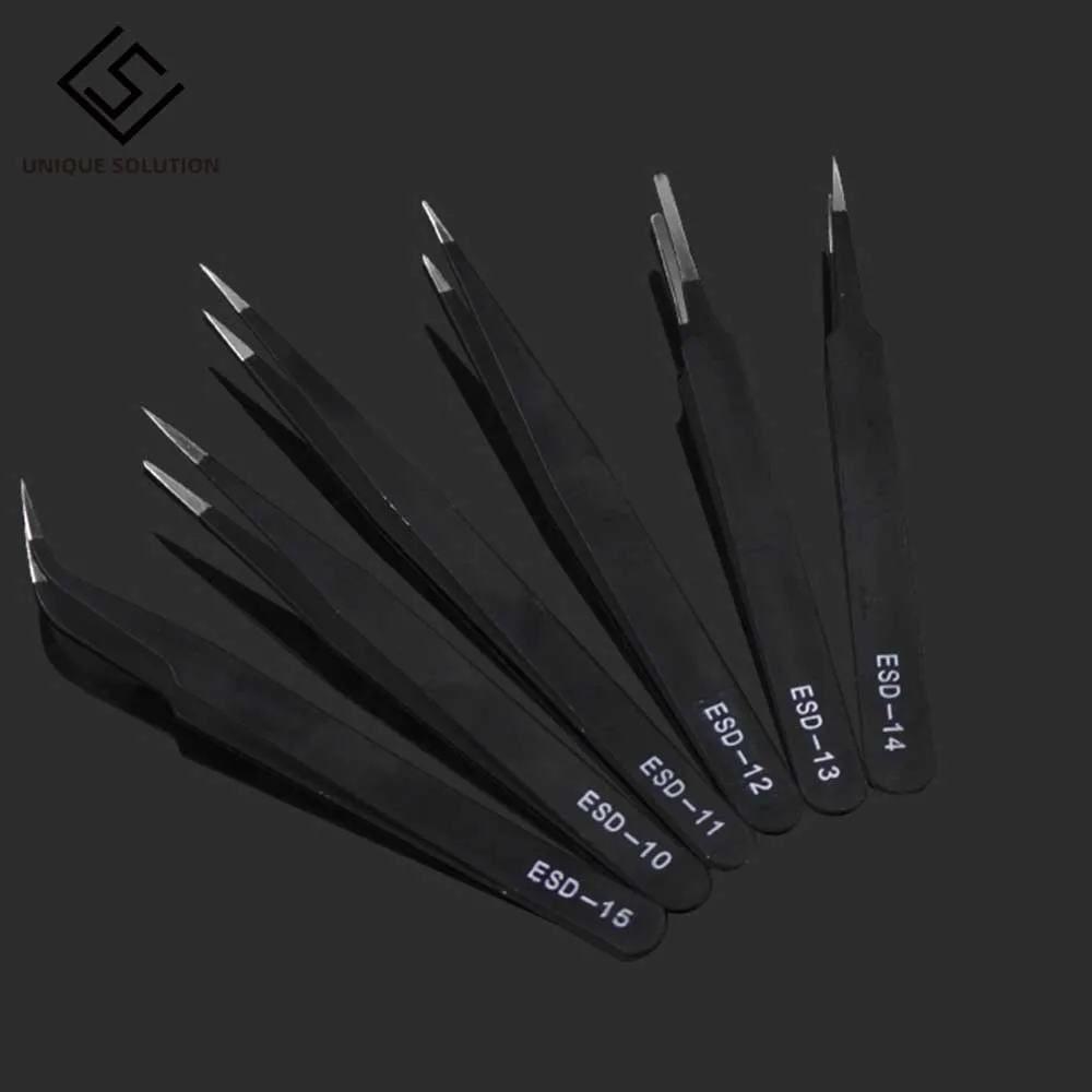 6Pcs Anti-static ESD Stainless Steel Tweezers Maintenance Tools Industrial Precision Curved Straight Tweezers Repair Tools 2019 1