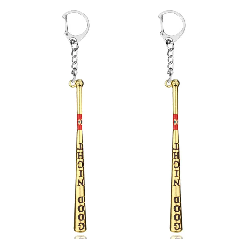 

2PCS Suicide Squad Harley Quinn Keyrings Jewelry Gold Baseball Bat Good Night Test Gift Car Key Chain